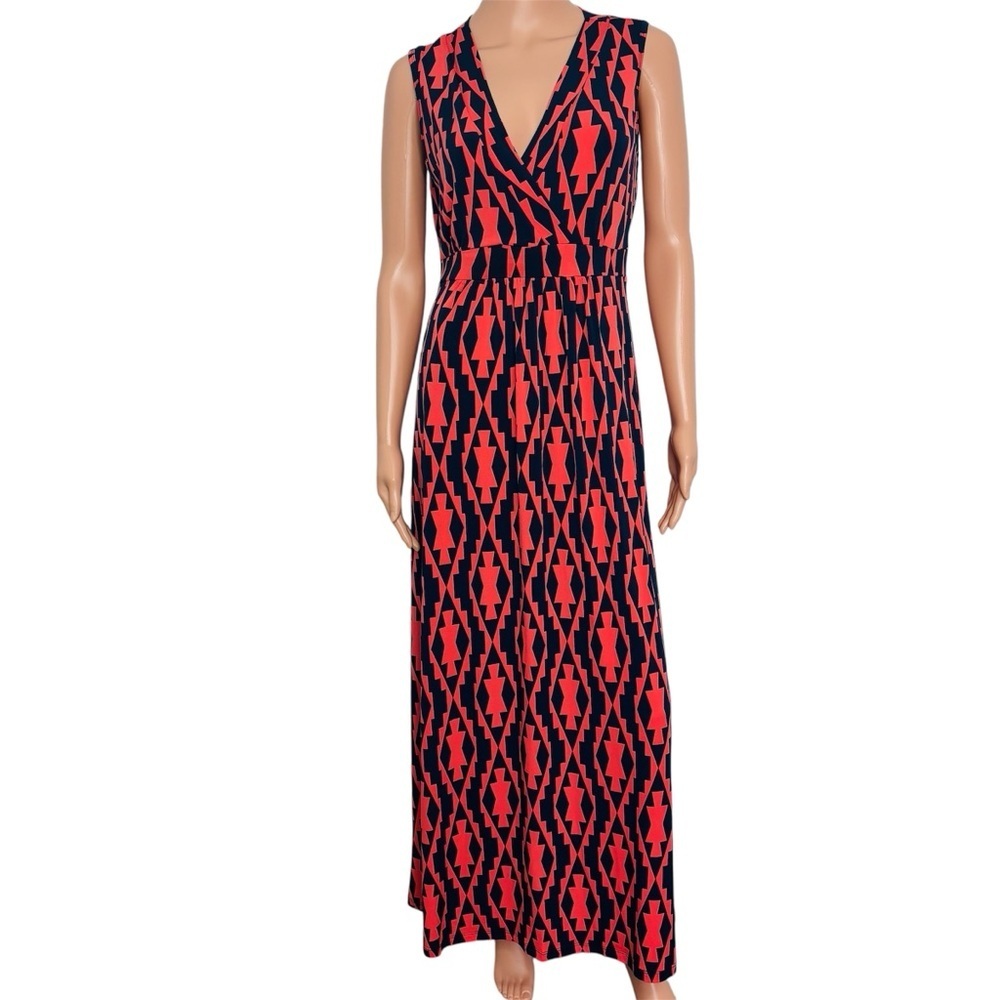 SUSAN LAWRENCE  Navy and Coral Patterned Sleeveless V-Neck Maxi Dress Size Small